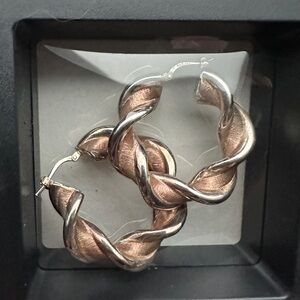 Italian Sterling Silver MILOR Rose & Silver Two Tone Twist Pierced Hoop Earrings